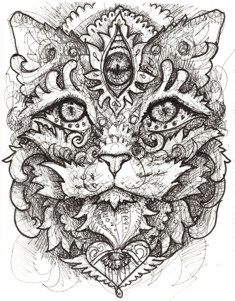 Transdimensional Cat Deity Original Ink Drawing